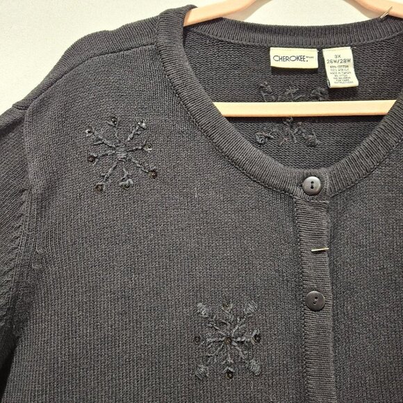 VINTAGE BLACK CARDIGAN W EMROIDERED BLACK SNOWFLAKES SPARKLE COTTON 3X - 4X - Picture 2 of 6